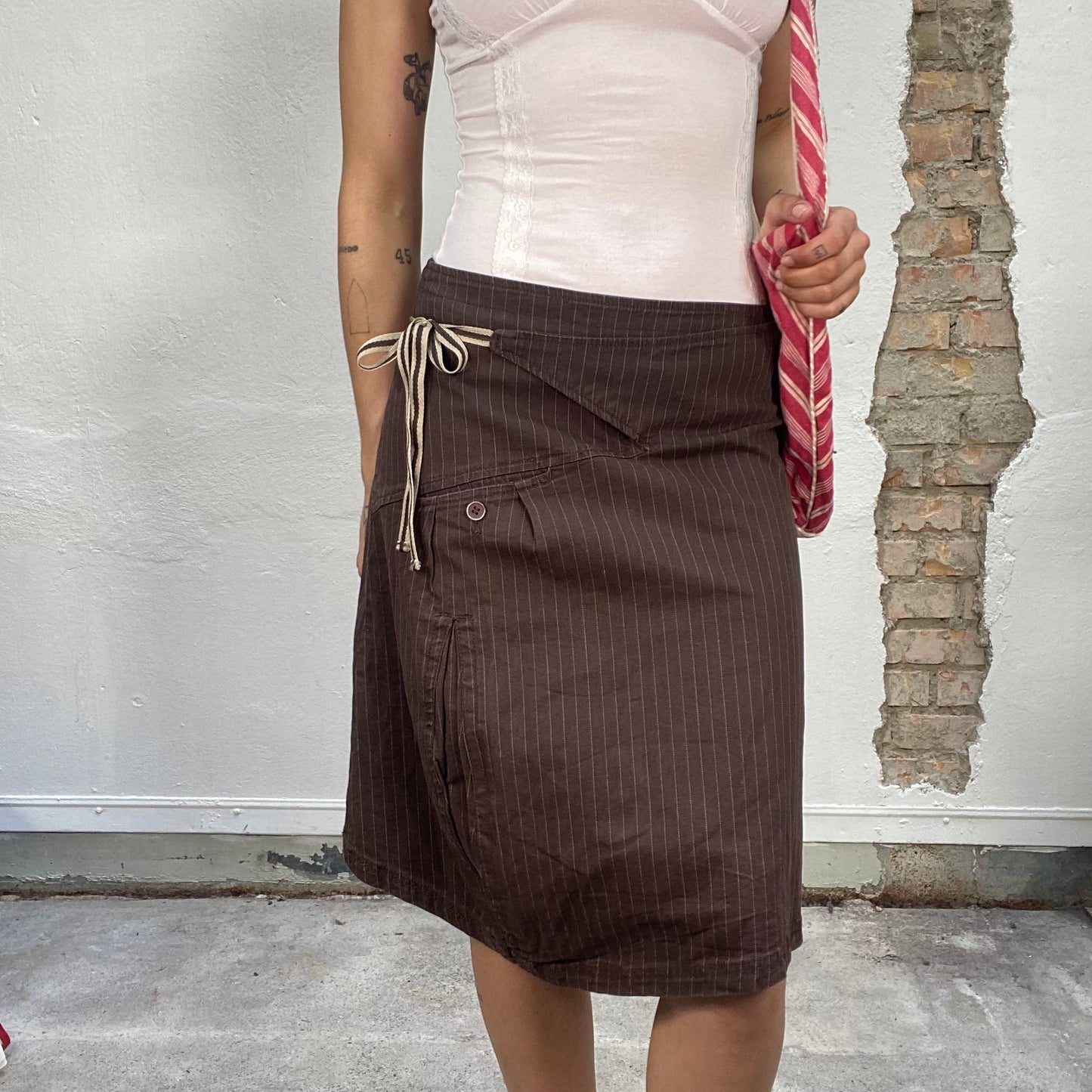 Vintage 90's Model Off Duty Brown Pinstripe Midi Skirt (S/M)