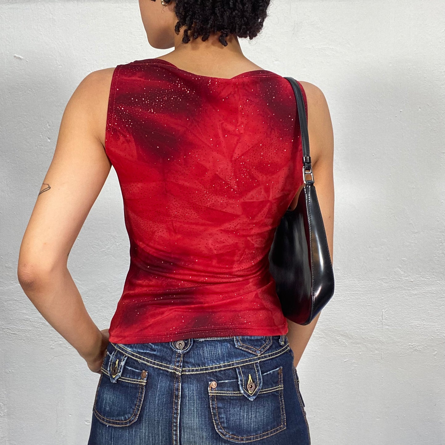 Vintage 2000's Downtown Girl Red Batik Glittery High Neck Tank Top (S)