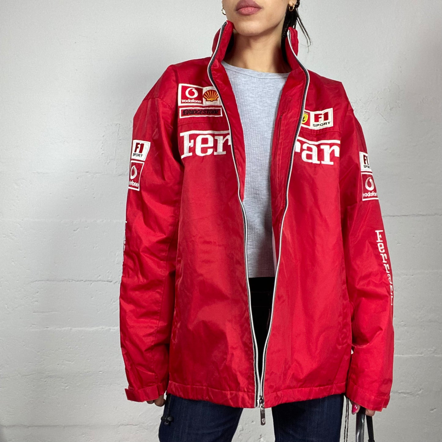 Vintage 2000's Ferrari Sporty Red Oversized Racers Jacket with White Brand Patches Detail (XL)