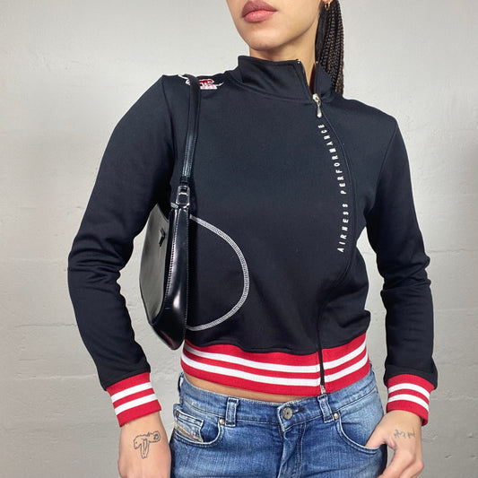 Vintage 2000's Airness College Girl Black Zip-Up Hoodie with Asymmetric Zip and Red and White Bottom TrimsDetail (S/M)