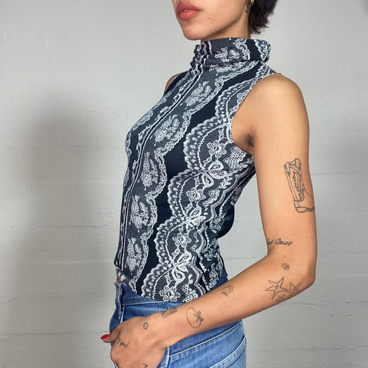 Vintage 2000's Indie Grey Highneck Top with White Laced Material Print (S)