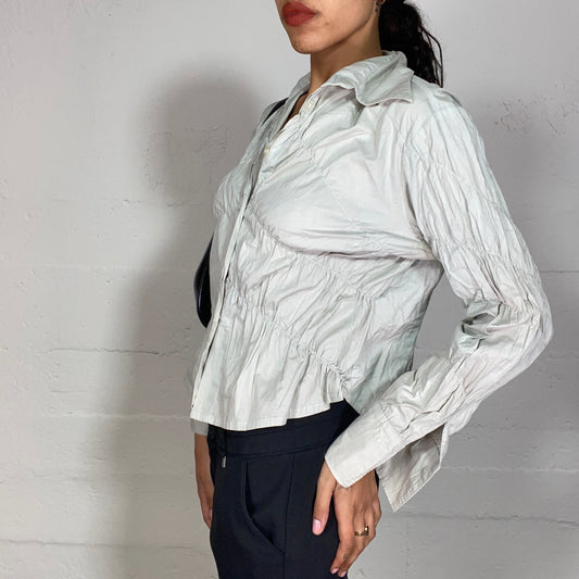 Vintage 2000's Office Grey Ruffle Button Up Blouse with Textured Material (M/L)