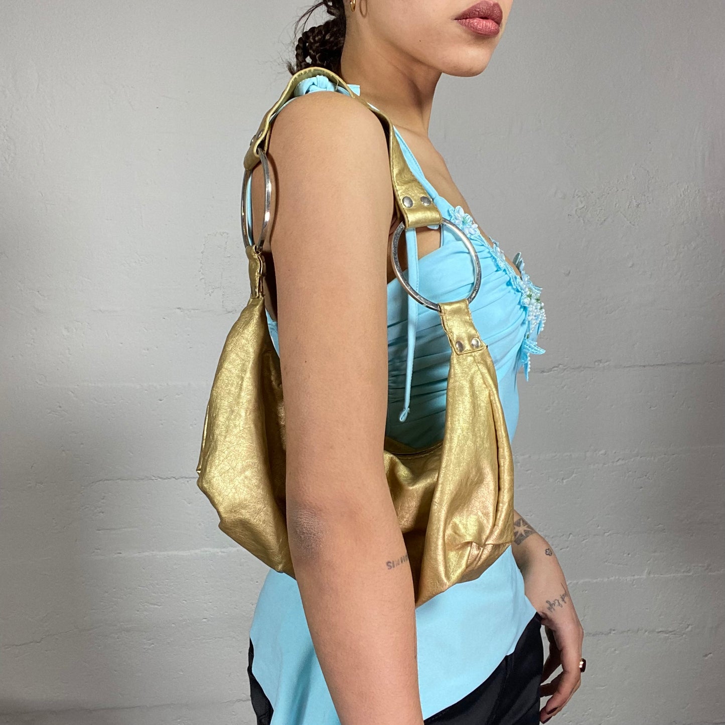 Vintage 2000's Archive Gold Shoulder Bag with Silver Rings Detail