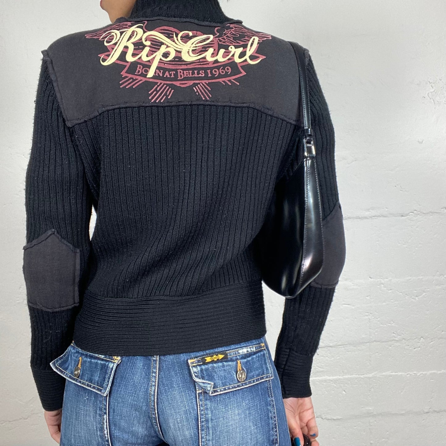 Vintage 2000's Rip Curl Sporty Black Zip Up Knitted Sweater with Back Brand Name Print (M)