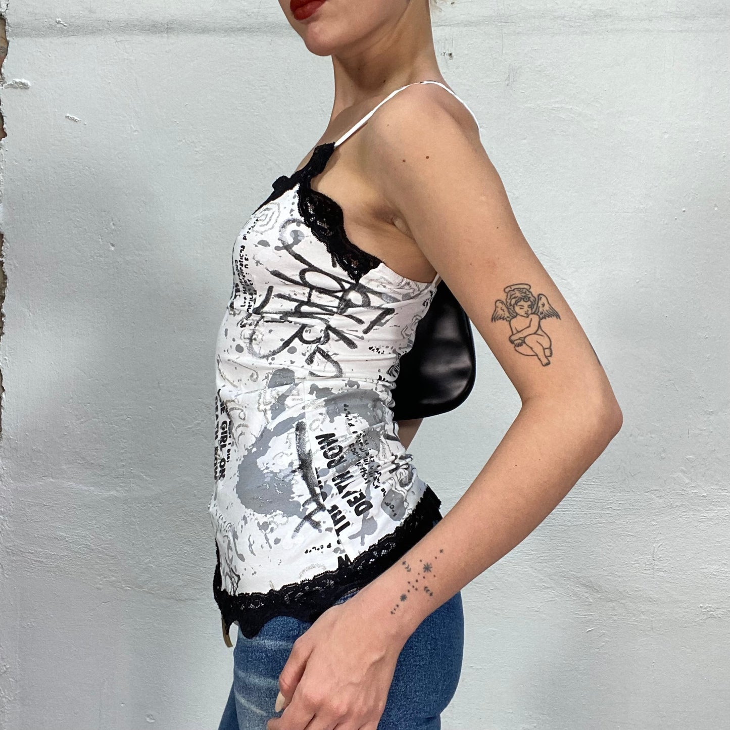 Vintage 90's Sleaze White Top With Black Typography Print and Lace Trim Detail (S)