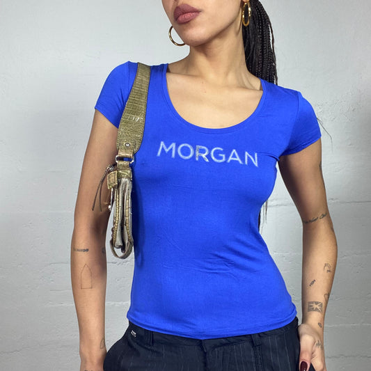 Vintage 2000's Morgan Downtown Girl Electric Blue Top with White Brand Print (S)