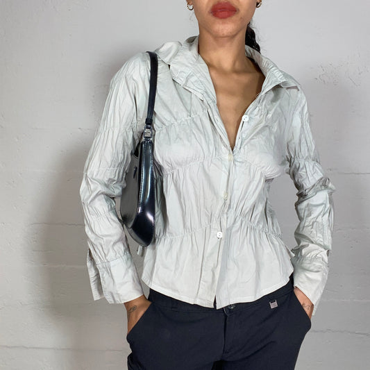 Vintage 2000's Office Grey Ruffle Button Up Blouse with Textured Material (M/L)