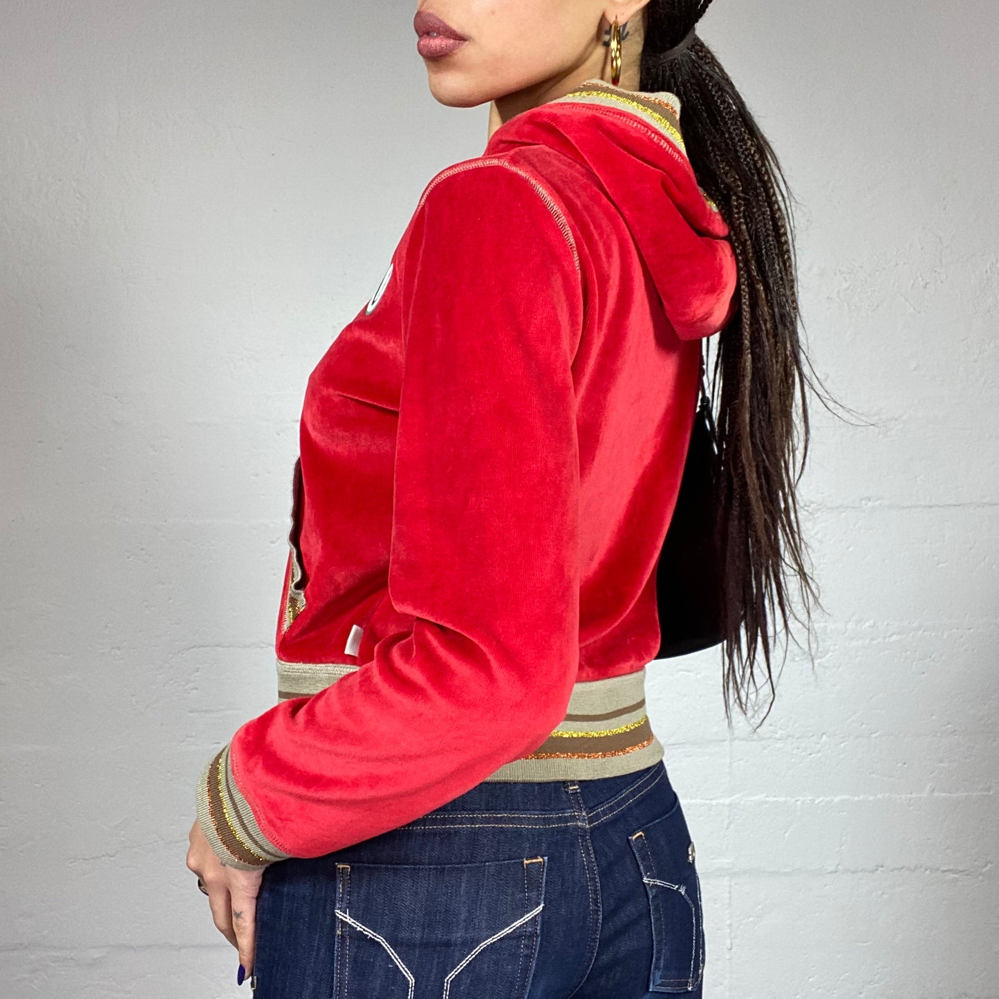 Vintage 2000's Pepe Jeans Downtown Girl Red Zip-Up Velvet Hoodie with Glitter Trims and "London" Print (S)