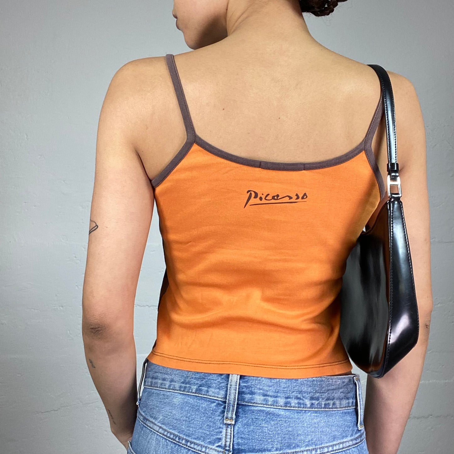 Vintage 2000's Downtown Girl Orange and Brown Top with Dancing Silhouettes Print Detail (S)