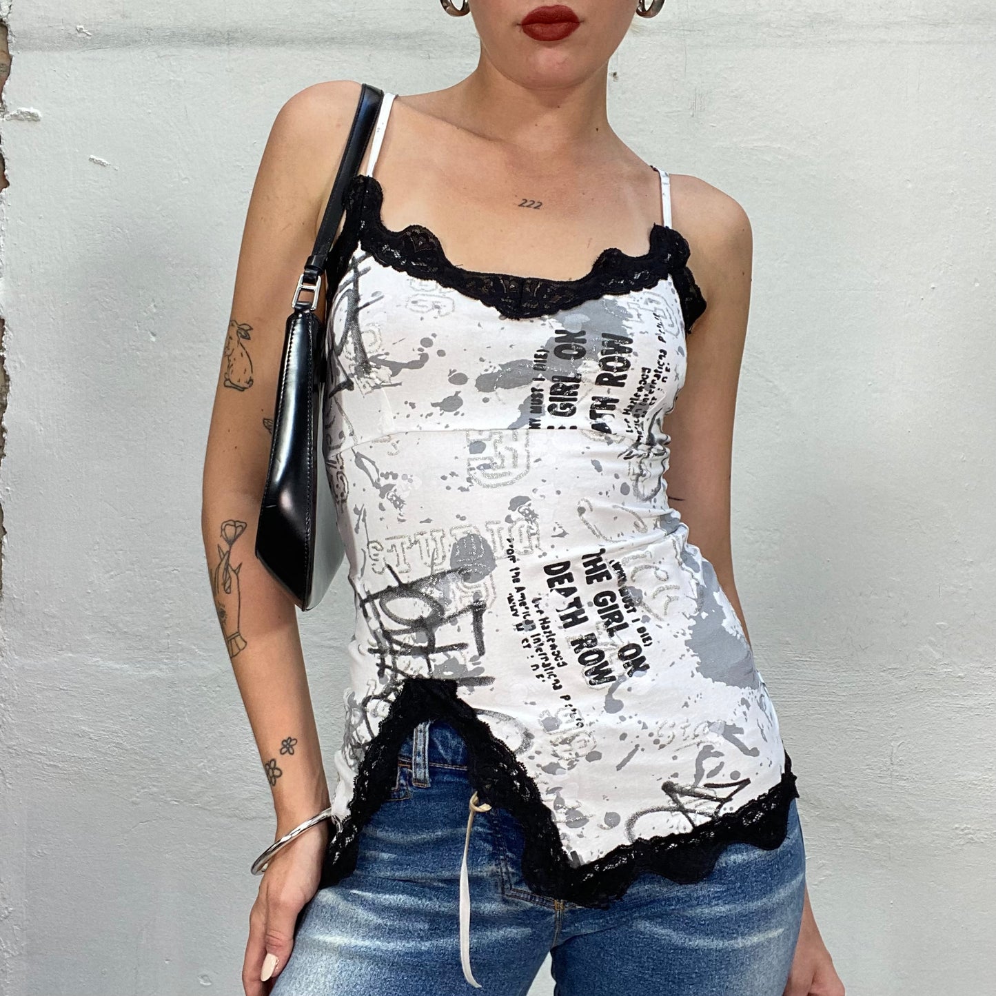 Vintage 90's Sleaze White Top With Black Typography Print and Lace Trim Detail (S)