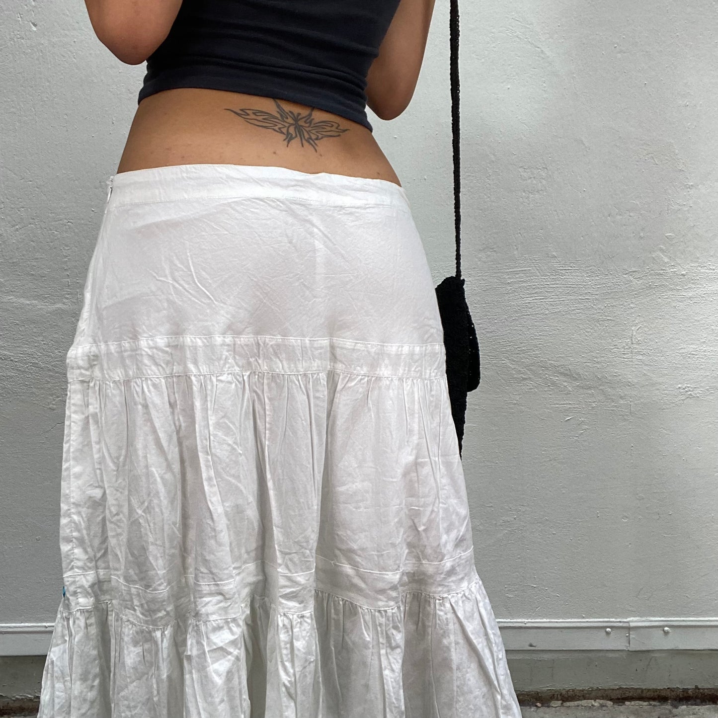 Vintage 2000's Hippie White Maxi Skirt with Blue Square and Reflecting Sequins Details (S/M)