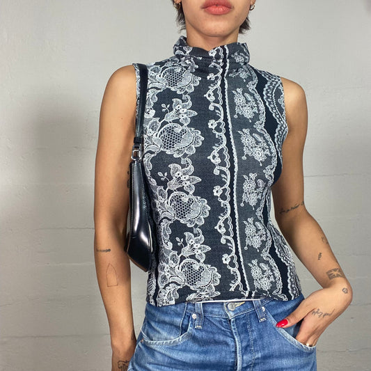 Vintage 2000's Indie Grey Highneck Top with White Laced Material Print (S)