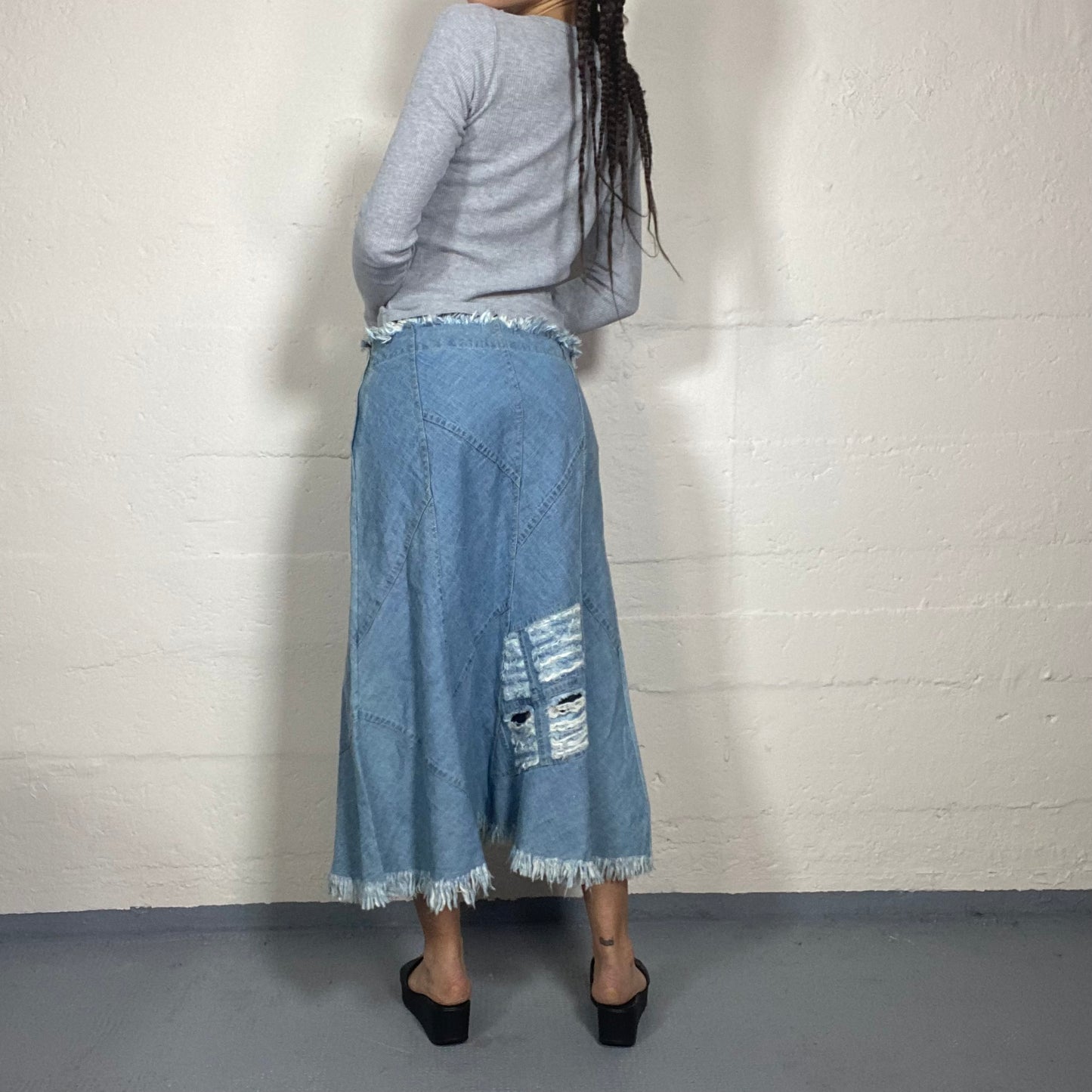 Vintage 2000's Hippie Girl Patched Double Denim Midi Skirt with Rip Detail (M)