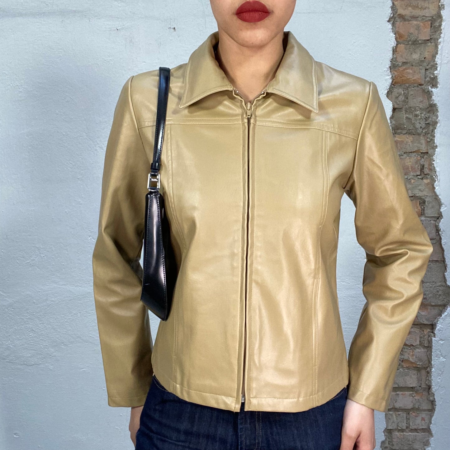 Vintage 90's Model Off Duty Beige Straight Silhouette Leatherlike Jacket (S)