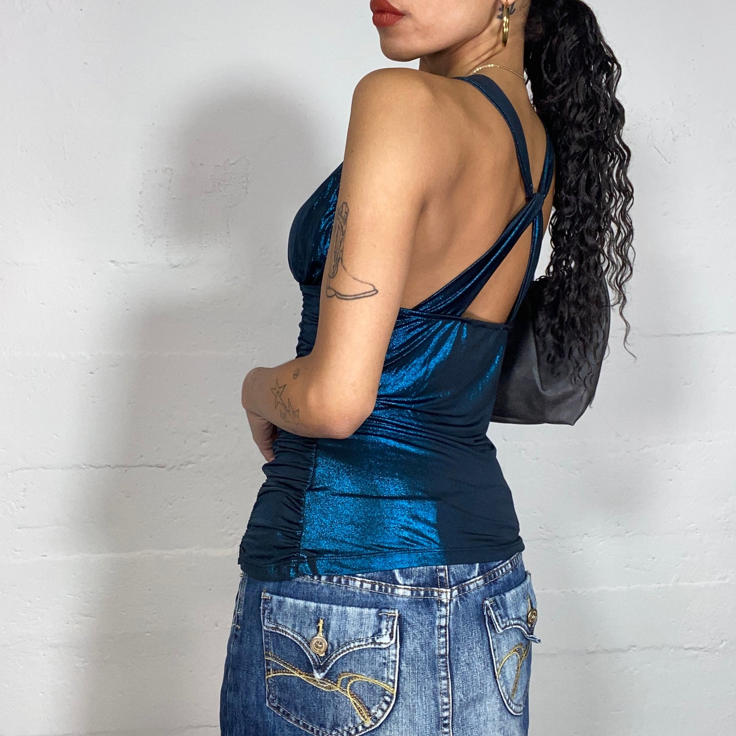Vintage 2000's Clubwear Iridescent Blue Neckholder Top with Crossed Back (S)