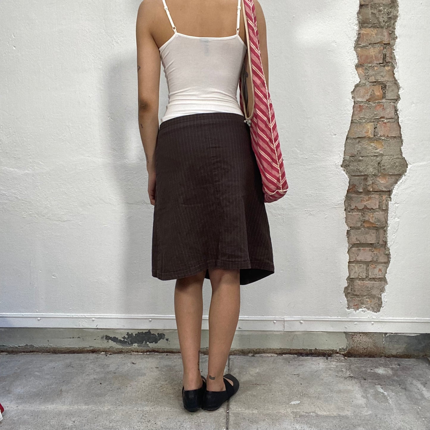 Vintage 90's Model Off Duty Brown Pinstripe Midi Skirt (S/M)