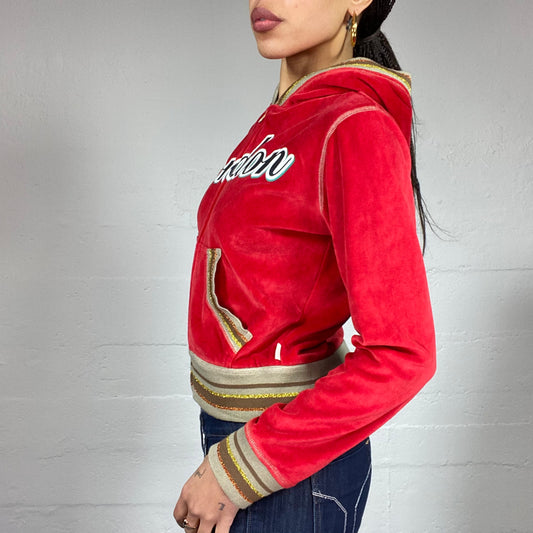 Vintage 2000's Pepe Jeans Downtown Girl Red Zip-Up Velvet Hoodie with Glitter Trims and "London" Print (S)