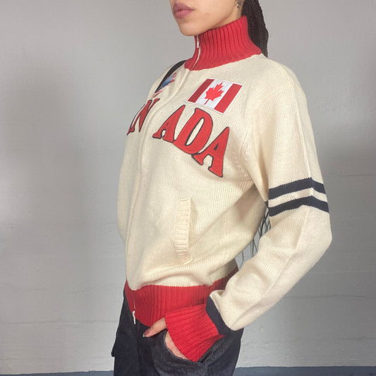 Vintage 2000's Sporty Beige Zip Up Knitted Sweater with "Canada" Print and Patches Detail (L)