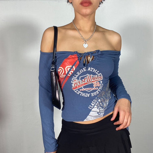 Vintage 90's Streetstyle Blue Off Shoulder Top with College Print (S)
