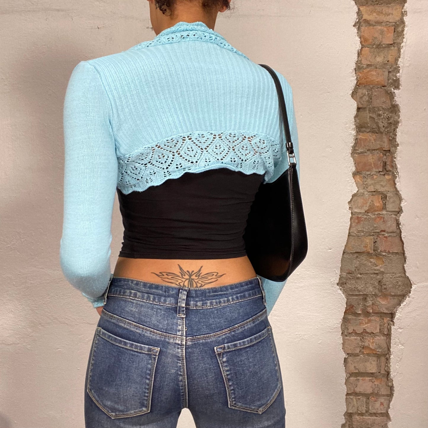 Vintage 2000's Soft Girl Blue Knit Bolero with Crochet Trim (S)