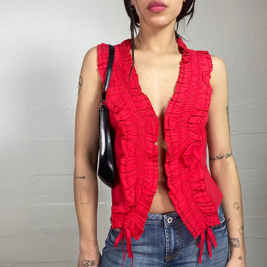 Vintage 90's Rachel Green Red Frilled Neckline Vest (M)