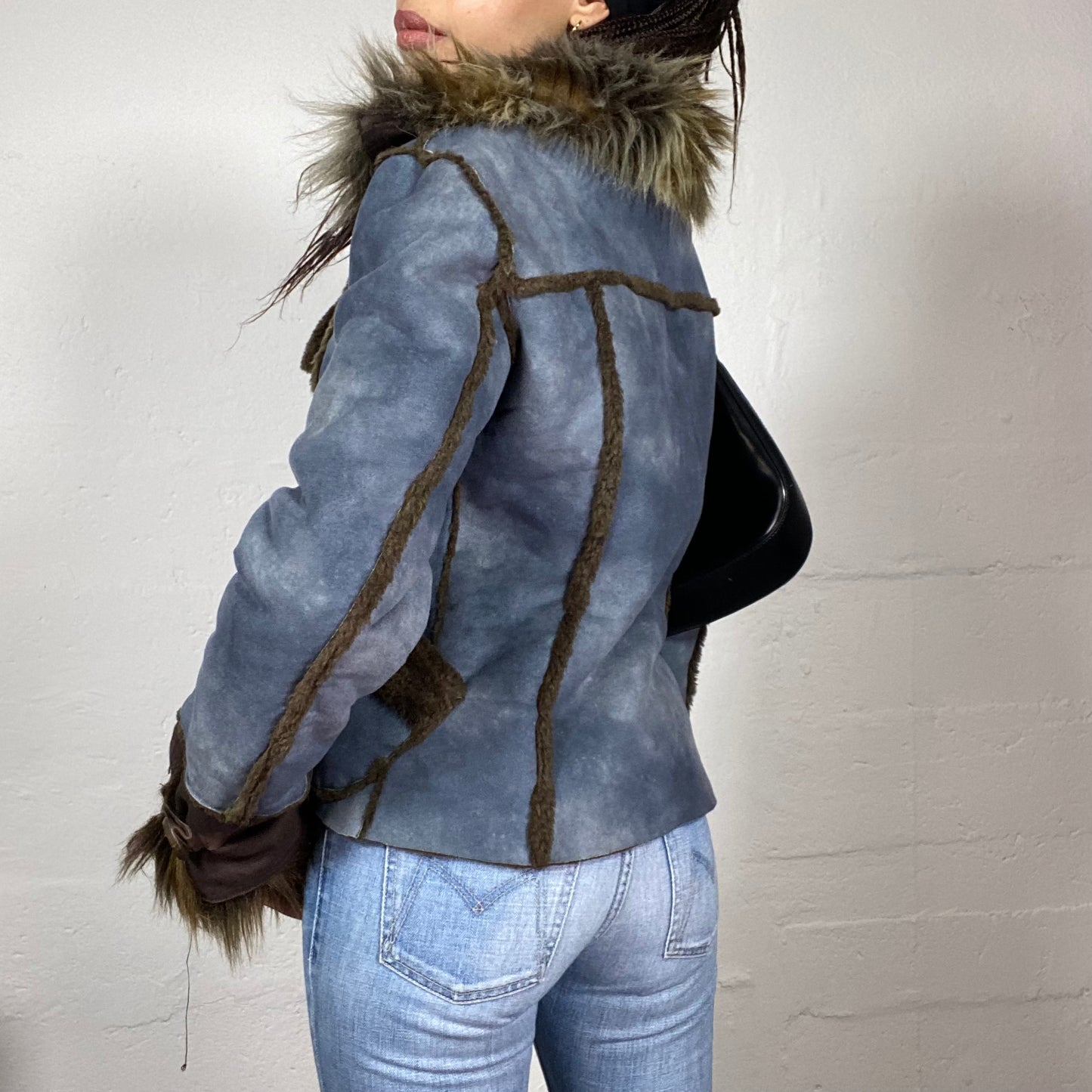 Vintage 2000's Downtown Girl Blue Short Coat with Brown Faux Fur Trims (S)