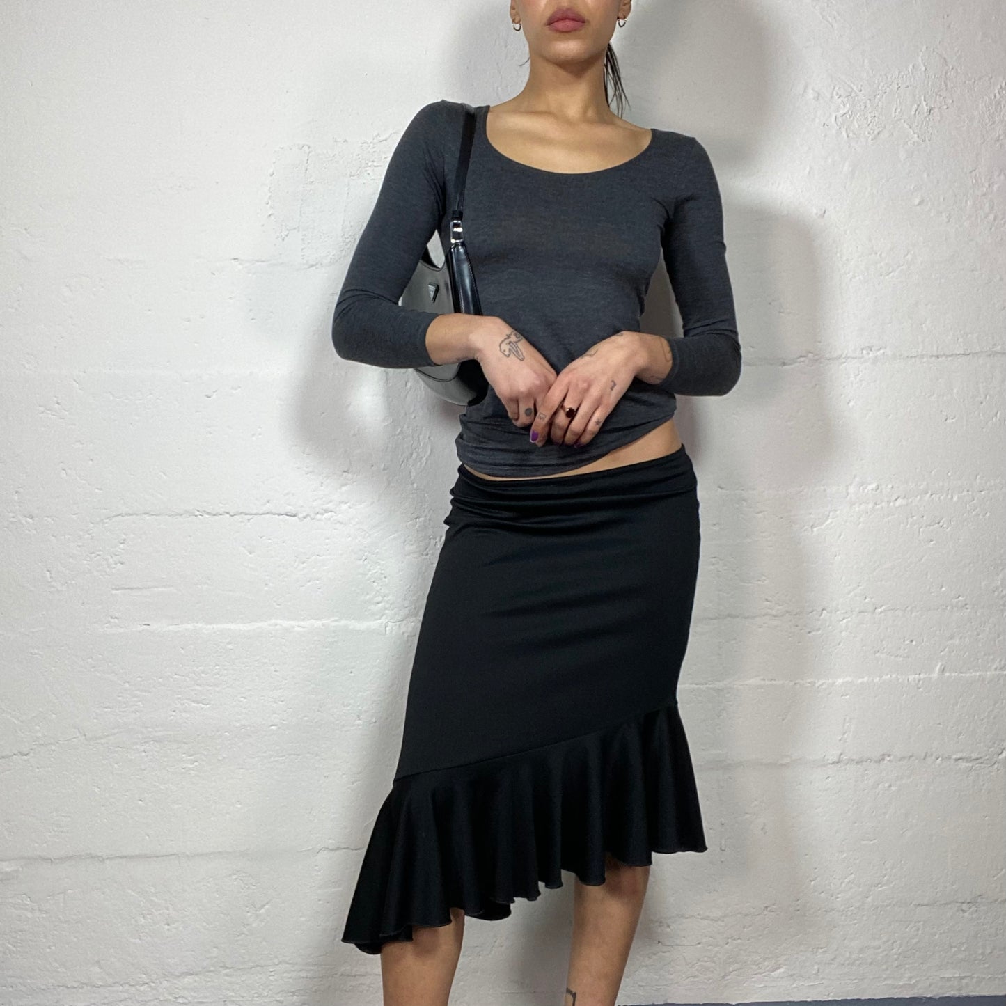 Vintage 90's Romantic Black Midi Skirt with Frilled Asymmetric Cut (S/M)