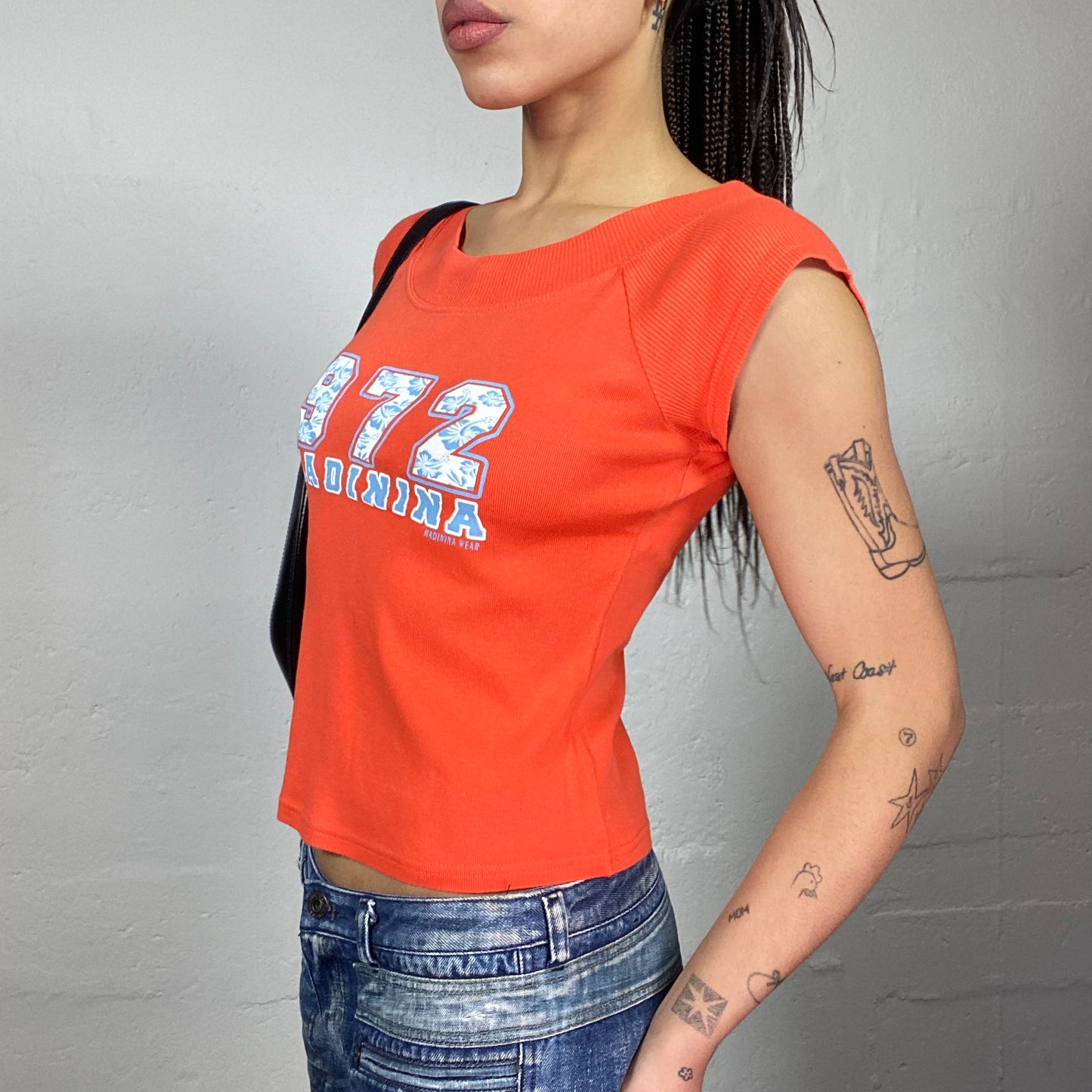 Vintage 2000's Downtown Girl Orange Top with "972 Madinina" Print (S)