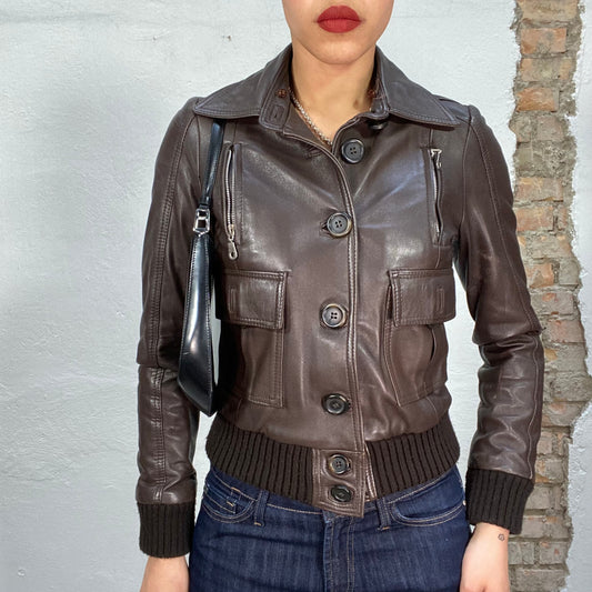 Vintage 90's Model Off Duty Brown Leather Jacket with Knit Trim (S)