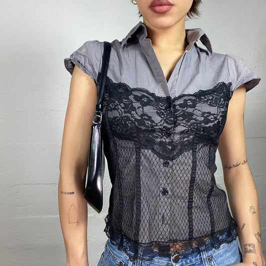 Vintage 90's Vamyp Goth Black Layered Shirt Top with Lace Corset Layer Detail (S)