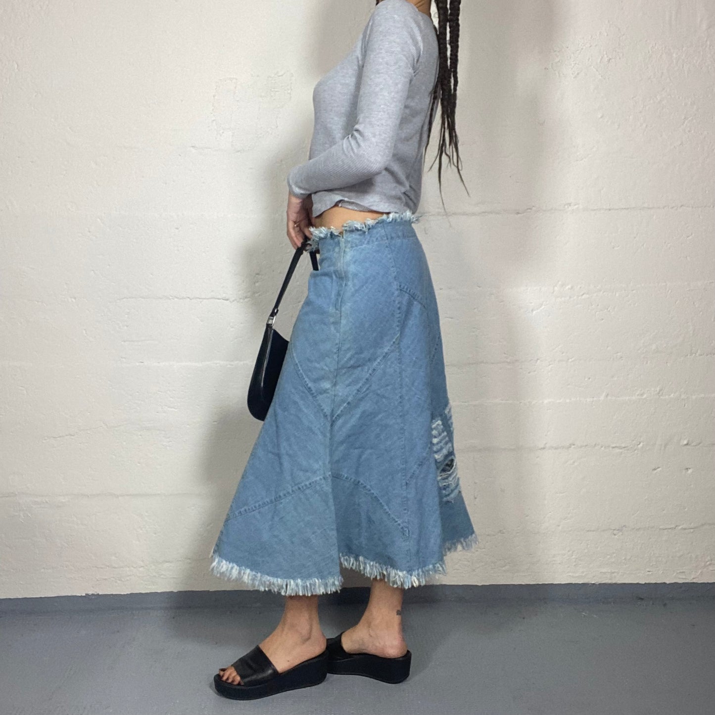 Vintage 2000's Hippie Girl Patched Double Denim Midi Skirt with Rip Detail (M)