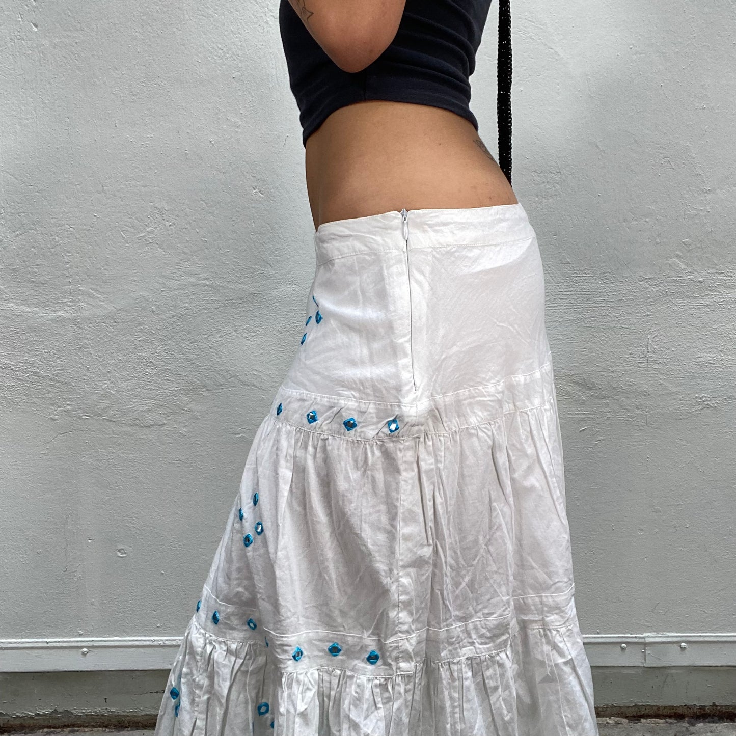 Vintage 2000's Hippie White Maxi Skirt with Blue Square and Reflecting Sequins Details (S/M)