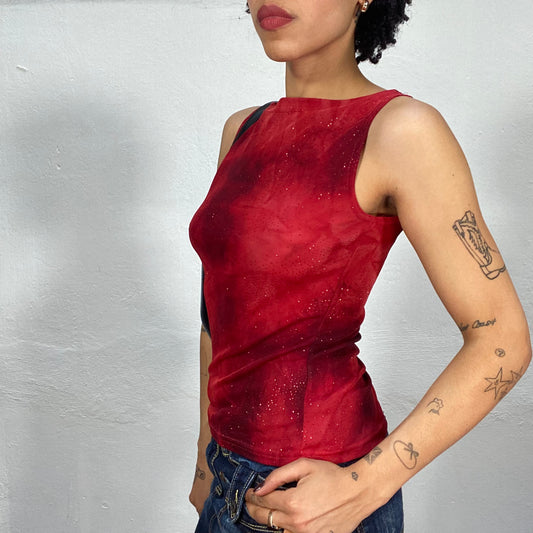 Vintage 2000's Downtown Girl Red Batik Glittery High Neck Tank Top (S)
