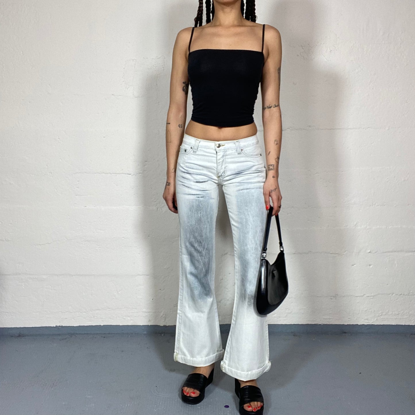 Vintage 2000's Downtown Girl White Low Waist Pants with Denim Washed Out Detail (S)