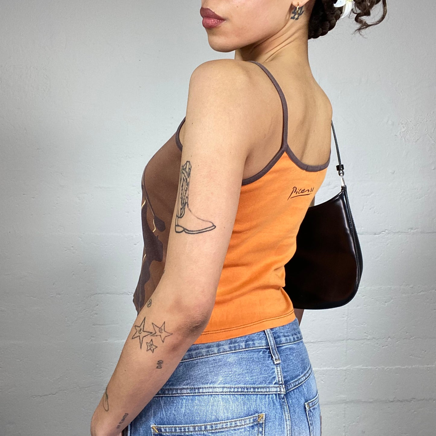 Vintage 2000's Downtown Girl Orange and Brown Top with Dancing Silhouettes Print Detail (S)