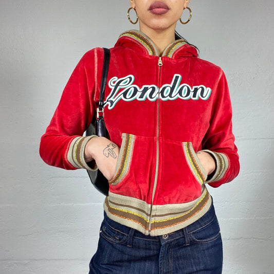 Vintage 2000's Pepe Jeans Downtown Girl Red Zip-Up Velvet Hoodie with Glitter Trims and "London" Print (S)