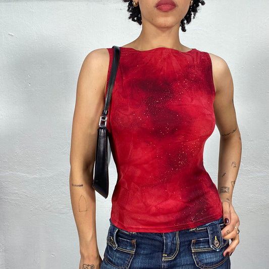 Vintage 2000's Downtown Girl Red Batik Glittery High Neck Tank Top (S)