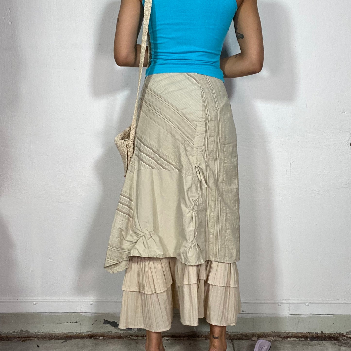 Vintage 90's Fairy Beige Layered Maxi Skirt with Striped Details (S/M)