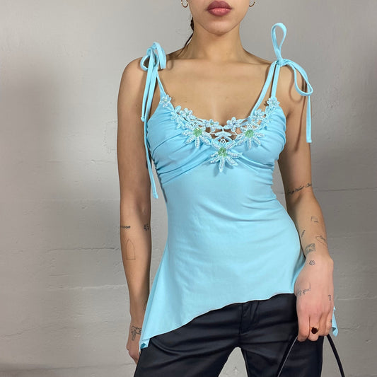 Vintage 2000's Soft Girl Blue Asymmetric Cut Top with Floral Mesh Chest Work Detail (S)