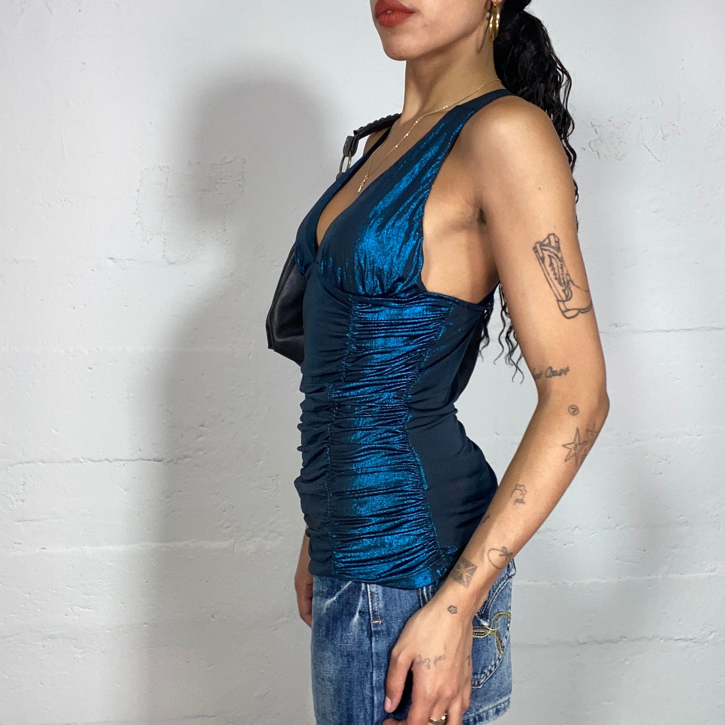 Vintage 2000's Clubwear Iridescent Blue Neckholder Top with Crossed Back (S)