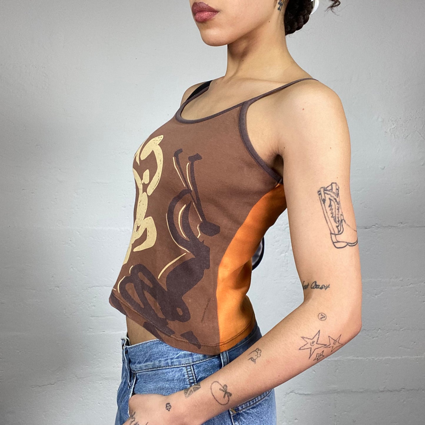 Vintage 2000's Downtown Girl Orange and Brown Top with Dancing Silhouettes Print Detail (S)