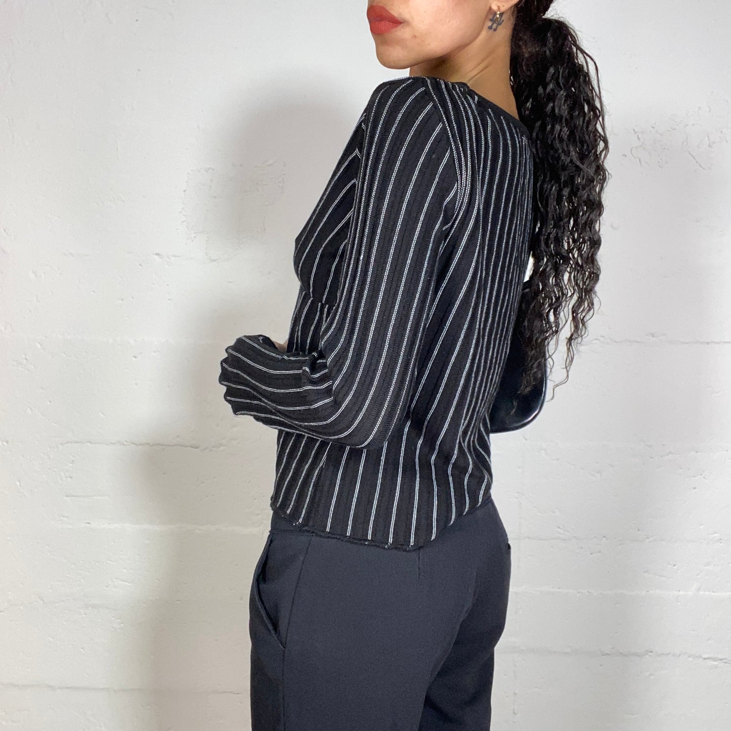 Vintage 2000's Office Black V-Neck Blouse with Pinestripe Print (M)