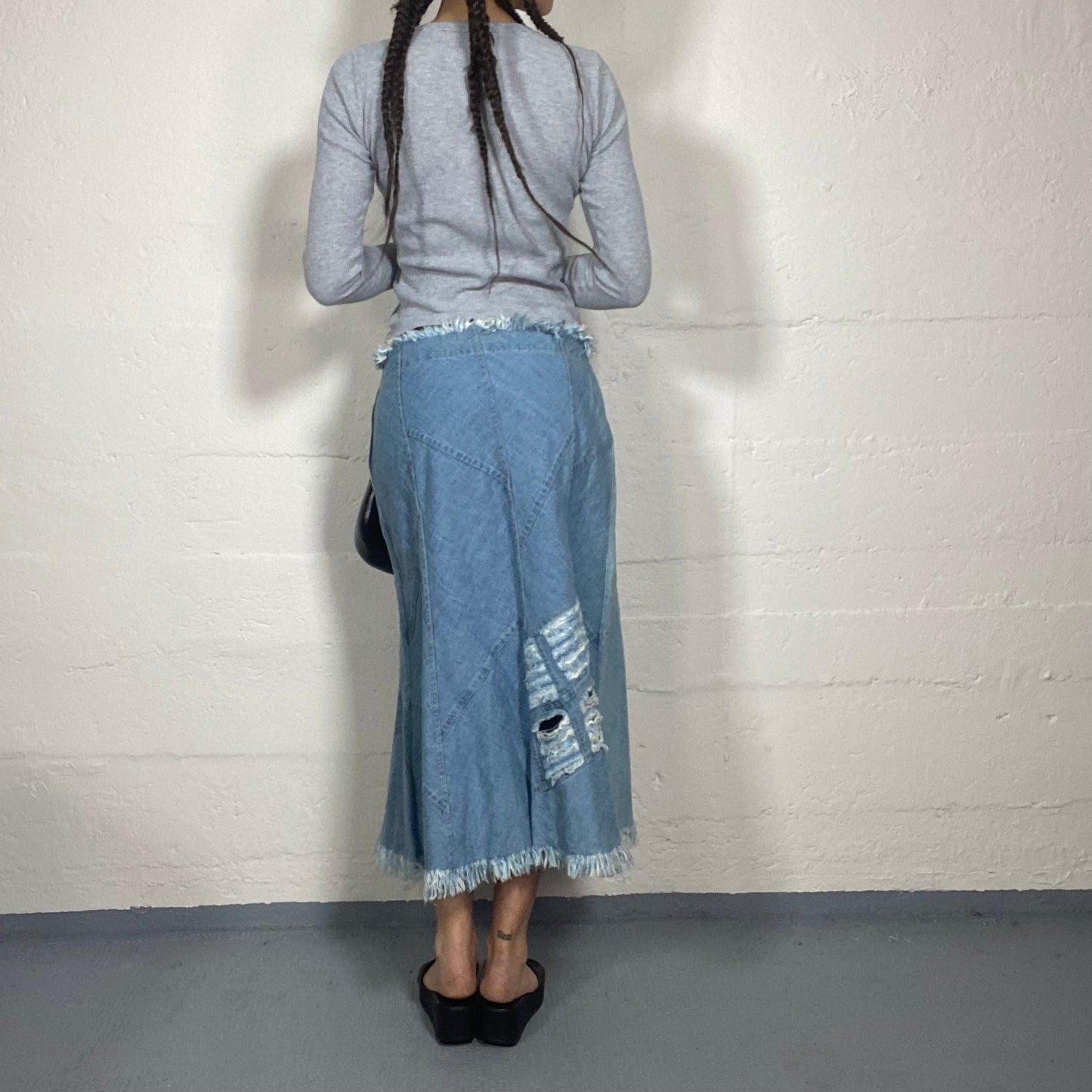 Vintage 2000's Hippie Girl Patched Double Denim Midi Skirt with Rip Detail (M)