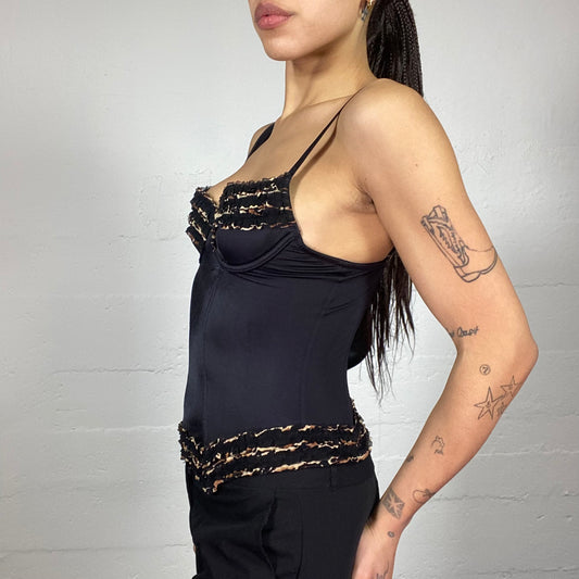 Vintage 90's Goth Black Corset Top with Frilled Cheetah Print Chest Cover (S)