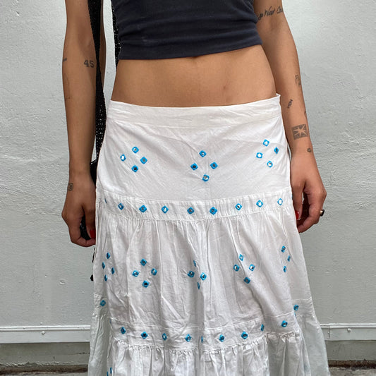 Vintage 2000's Hippie White Maxi Skirt with Blue Square and Reflecting Sequins Details (S/M)