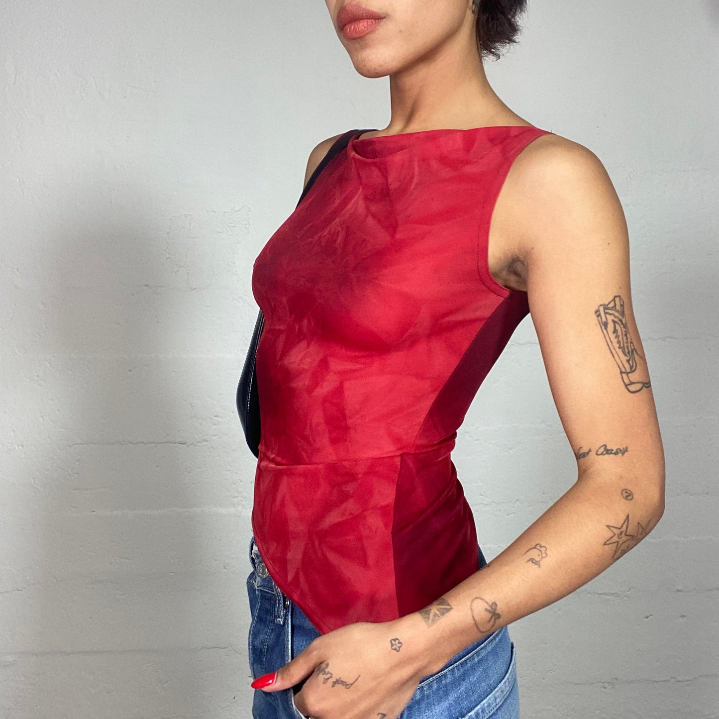 Vintage 90's Romantic Red Tie Dye Top with Asymmetric Cut (S)