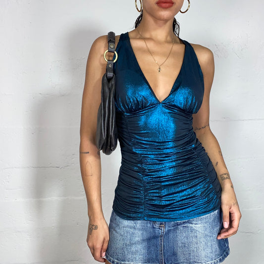 Vintage 2000's Clubwear Iridescent Blue Neckholder Top with Crossed Back (S)