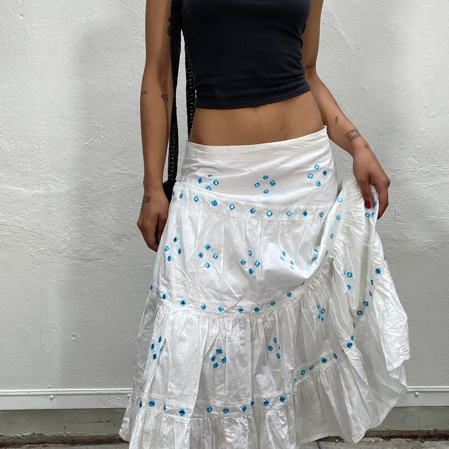 Vintage 2000's Hippie White Maxi Skirt with Blue Square and Reflecting Sequins Details (S/M)