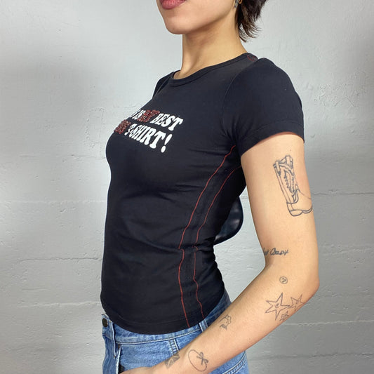 Vintage 2000's Guess Downtown Girl Black Top with White "This Is My Best Guess T-Shirt!" Strass Print (S)