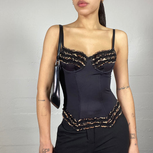 Vintage 90's Goth Black Corset Top with Frilled Cheetah Print Chest Cover (S)